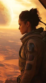 Female astronaut studies sunlit alien desert horizon