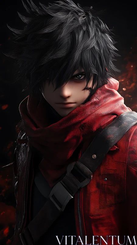 Brooding anime warrior in red scarf and jacket portrait.