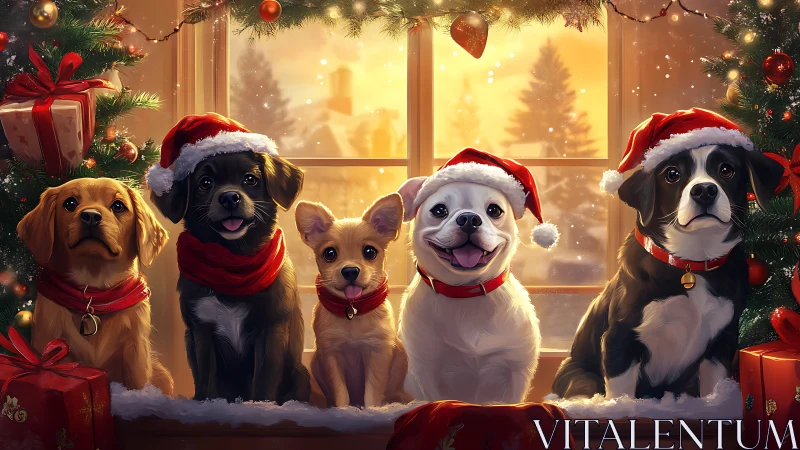 Canine holiday ensemble framed in warm bokeh-lit window.