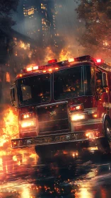 Urban Firestorm: Emergency Response Vehicle Amid Architectural Conflagration.