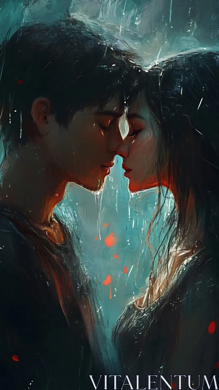 Two figures merged through chiaroscuro rendering in teal-crimson color space