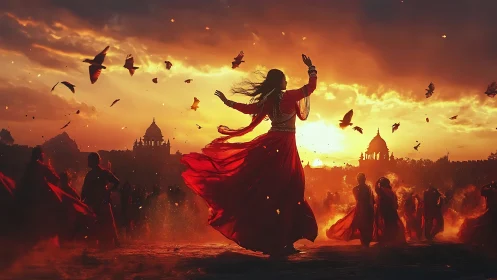 Sunset dance in flowing red beneath a glowing temple sky.