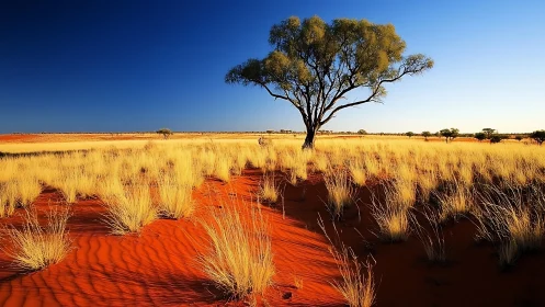 Solitary desert tree casts long shadow over red dunes