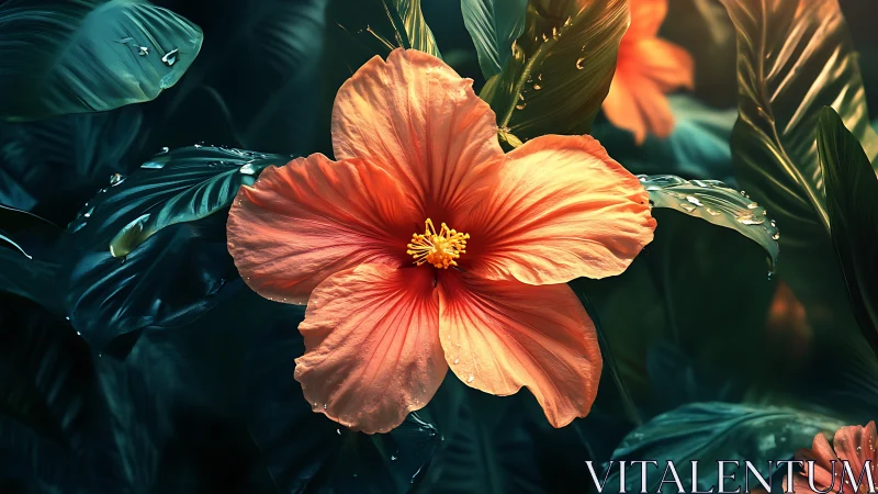 Red Hibiscus Bloom Against Dark Foliage. Illuminated.