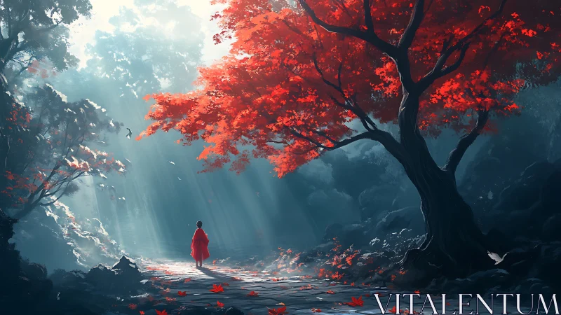 Child in red coat walks under vivid red forest canopy
