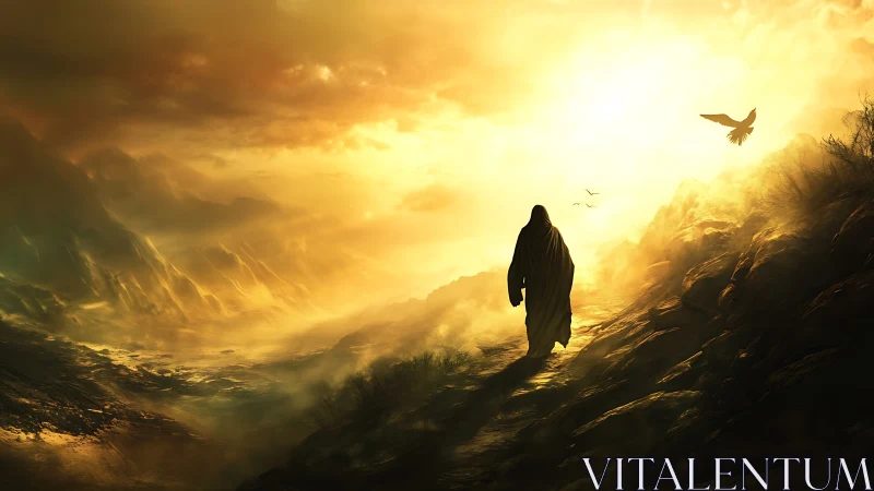 Lone robed wanderer crossing sunlit mountain pass at dawn.