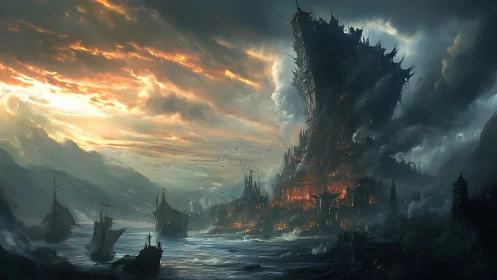 Burning fortress city under stormy sky at coastline.
