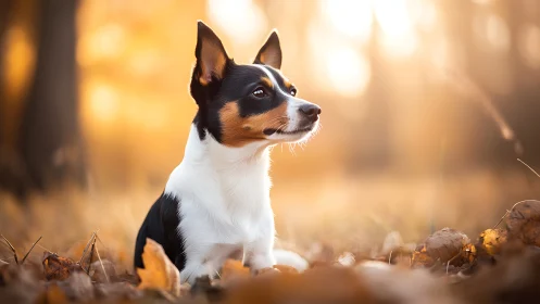 Autumn backlit portrait of small dog in shallow depth of field