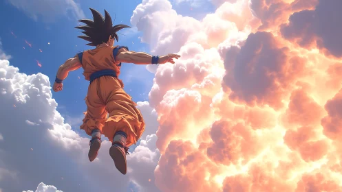 Aerodynamic anime warrior ascending through irradiated cumulonimbus.