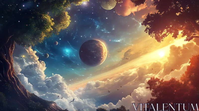 Sunlit sky meets cosmic night in a dreamlike horizon.