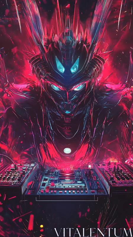 Cybernetic entity operating illuminated audio consoles.