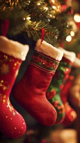 Crimson stockings lean into twinkling evergreen whispers