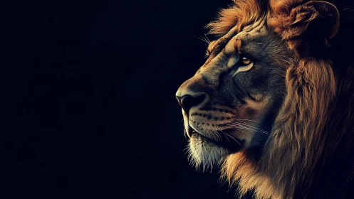 Golden-maned lion gazing calmly into the quiet dark.