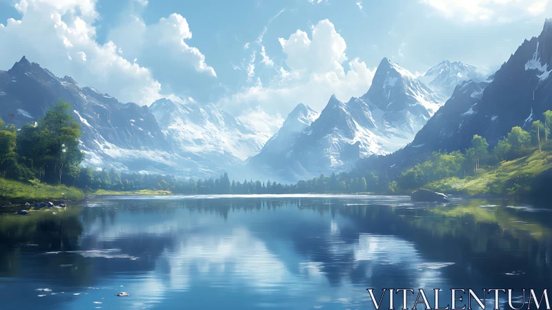 Snow-covered mountain range reflected in still blue lake.