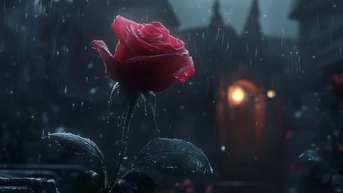 Midnight rain-kissed crimson rose before a distant door.