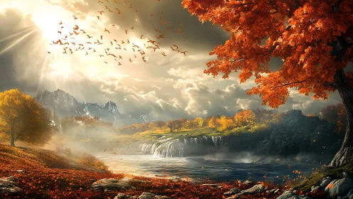 Sunlit autumn valley and waterfall are rendered in detail