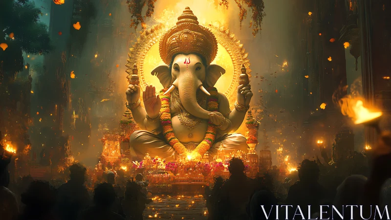 Illuminated Ganesha idol rendered with volumetric firelit ambience