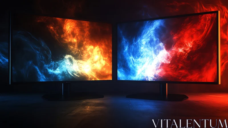 Dual gaming monitors display opposing fire and ice energy