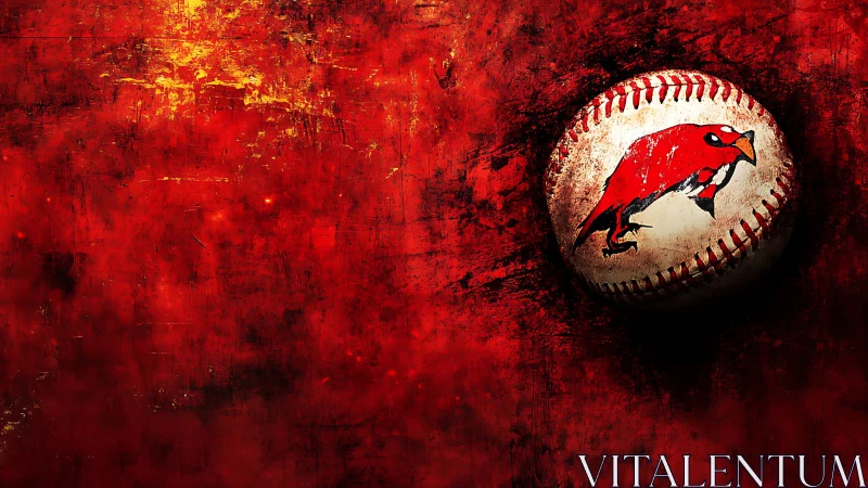 Weathered baseball with red bird emblem on grunge field.