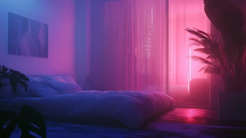 Bedroom interior under pink and blue artificial lighting.