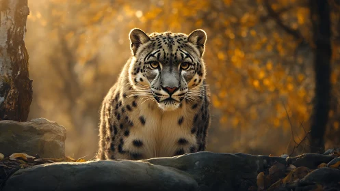 Snow leopard staring forward in warm autumn forest light.