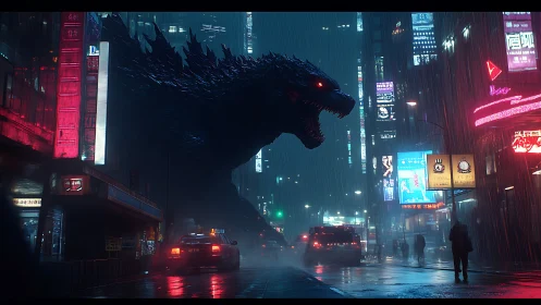 Neon storm lizard prowls rain-drowned cyberpunk avenue.
