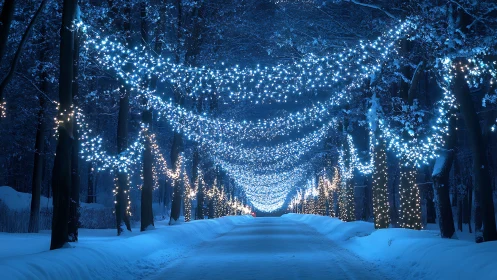 Snowy forest road illuminated by dense blue string lights