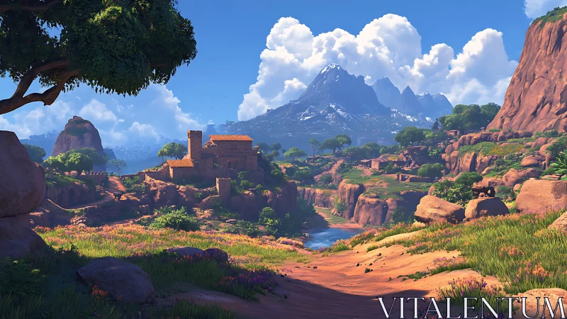 Sunlit canyon village dreaming beneath distant blue peaks.