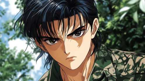 Intense anime soldier portrait framed by sunlit foliage