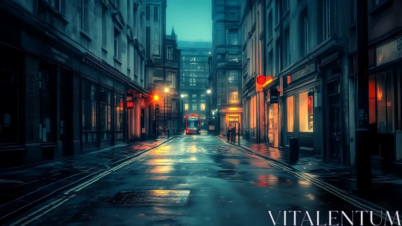 Moody city street glows with warm lights after gentle rain