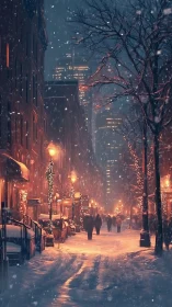 Snowy city street glows with warm winter evening lights