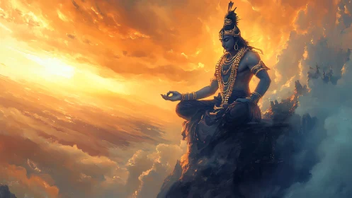 Celestial blue deity in atmospheric volumetric sunset meditation.
