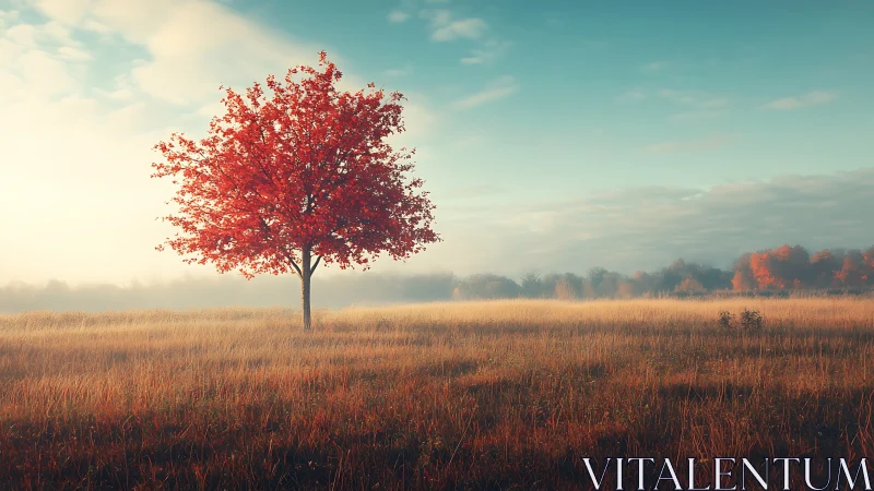 Autumnal solitary maple tree in misty low-angle sunrise field.