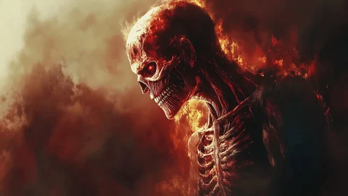 Inferno-boned revenant walking out of smoldering twilight.