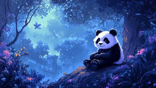 Panda cub resting on mossy log in luminous blue forest.