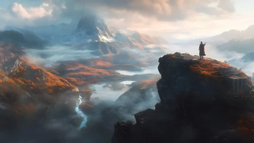 Lone wanderer greets a misty mountain valley at sunrise