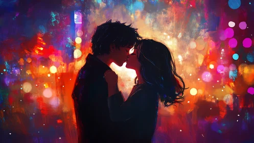 Two Silhouettes Kiss Within Radiant Neon Dreamscape.