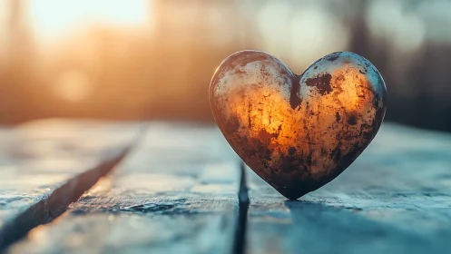 Glowing Heart of Light Rests on Weathered Wood
