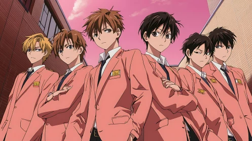 Sky-tinted hallway crowns a squad of pink-blazer resolve