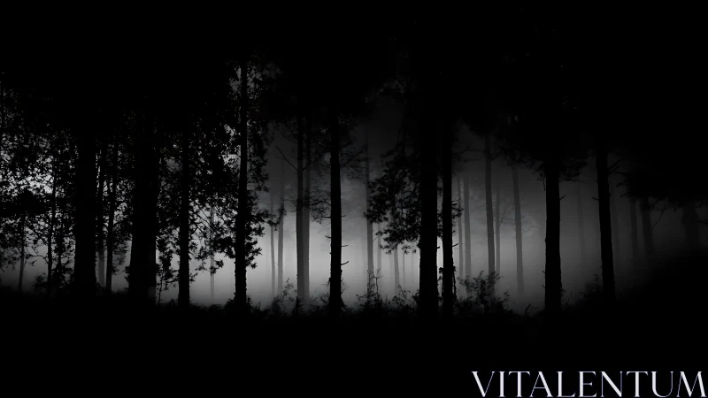 Dense forest silhouettes stand against distant white fog