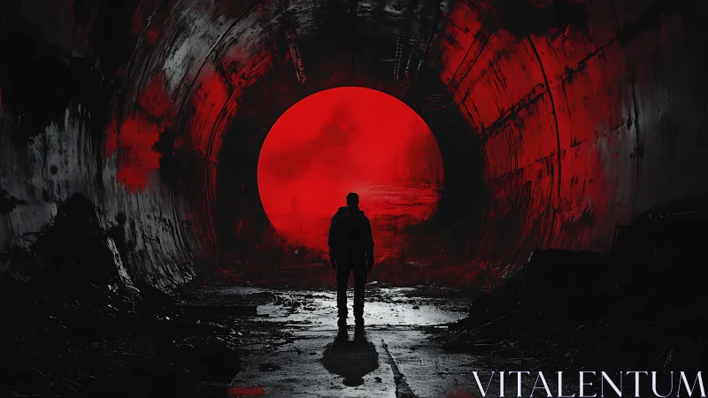 Solitary figure before radiant red portal in tunnel.