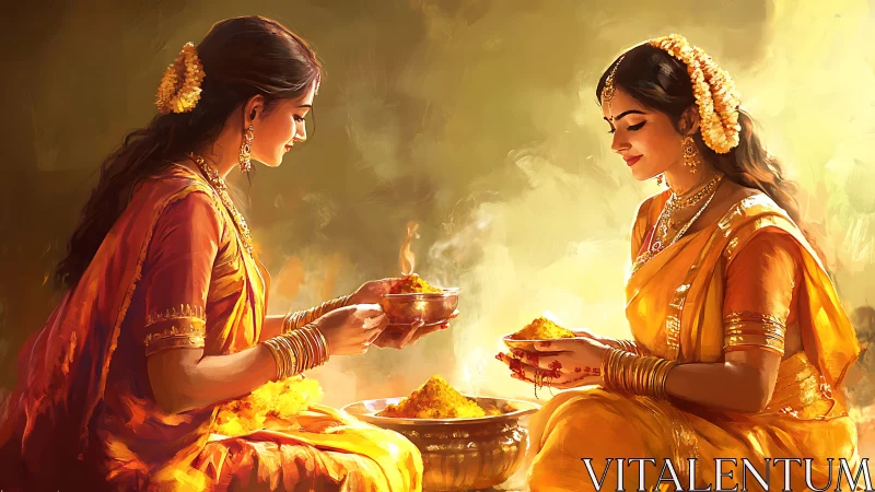 Two women in traditional Indian attire preparing turmeric, digital art.