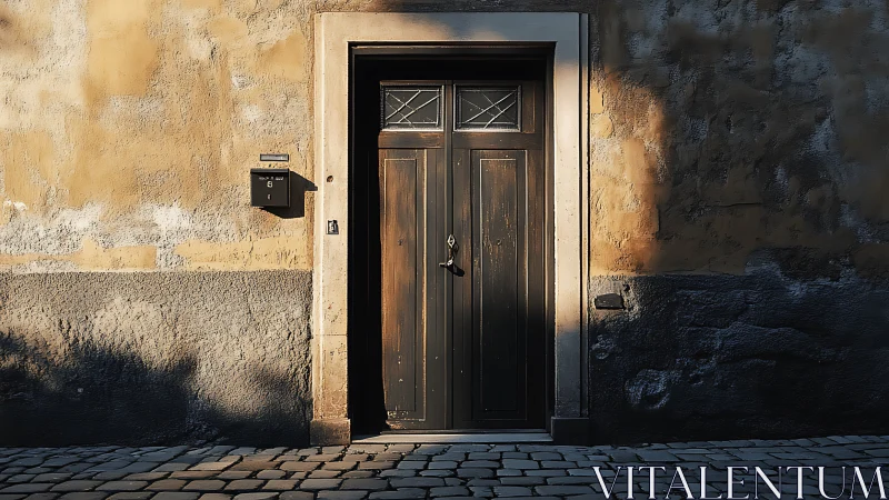 Sunlit wooden doorway punctuates textured urban facade