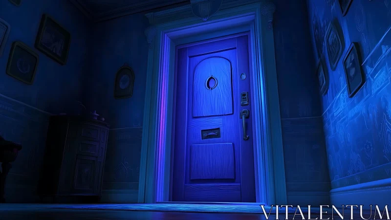 Midnight blue door hums with quiet, otherworldly promise.