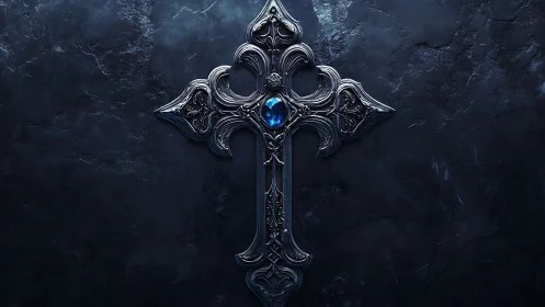 Ornate metallic cross with central blue gemstone on stone wall.
