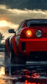 Stormlit red sports car roaring through rain and reflection.