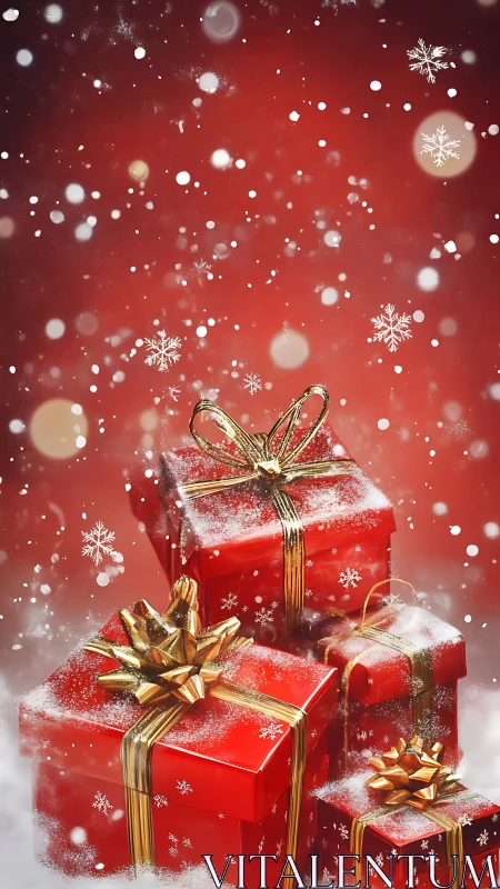Shimmering red gift boxes sparkle softly in falling snow