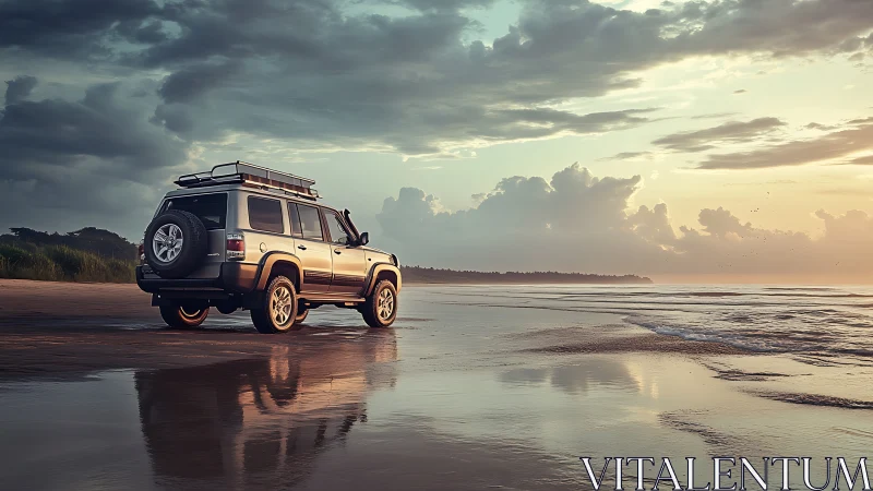 Off-road SUV parked on reflective wet beach at pastel sunset
