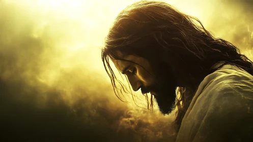 Digital painting profile study with luminous halo atmosphere.