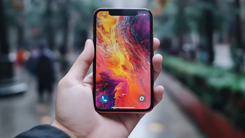 Hand holding smartphone with abstract fluid display wallpaper.